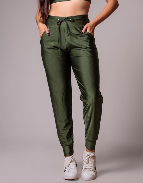 F299 - Calça sem recortes  jogger com cordão e bolsos laterais.