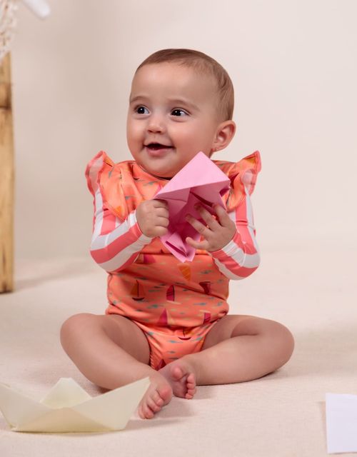 B584 -Maiô bebê, manga longa com babados